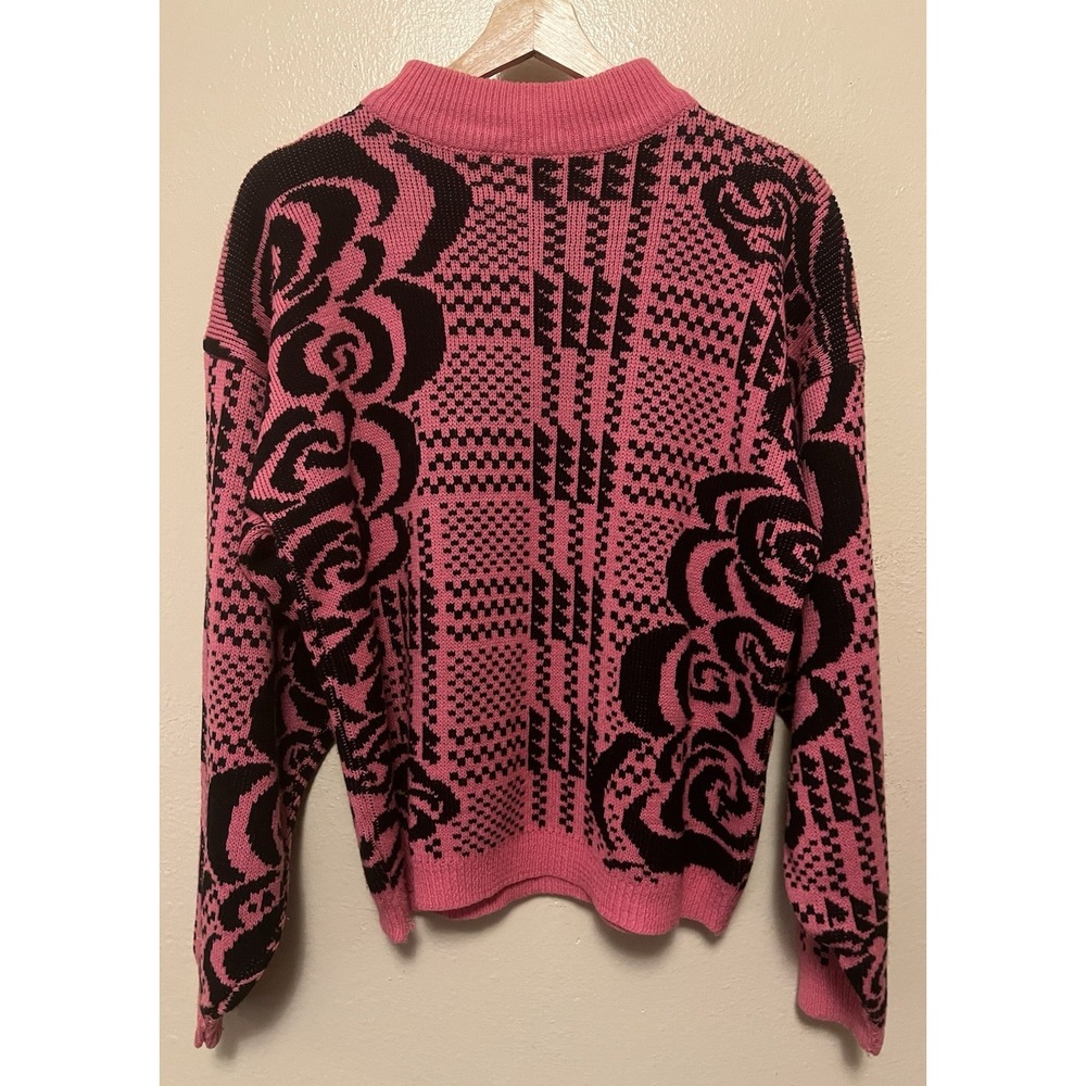 Vtg 80s Pink and‎ Black Shenanigans Floral Geometric Sweater Mock Neck Women's L